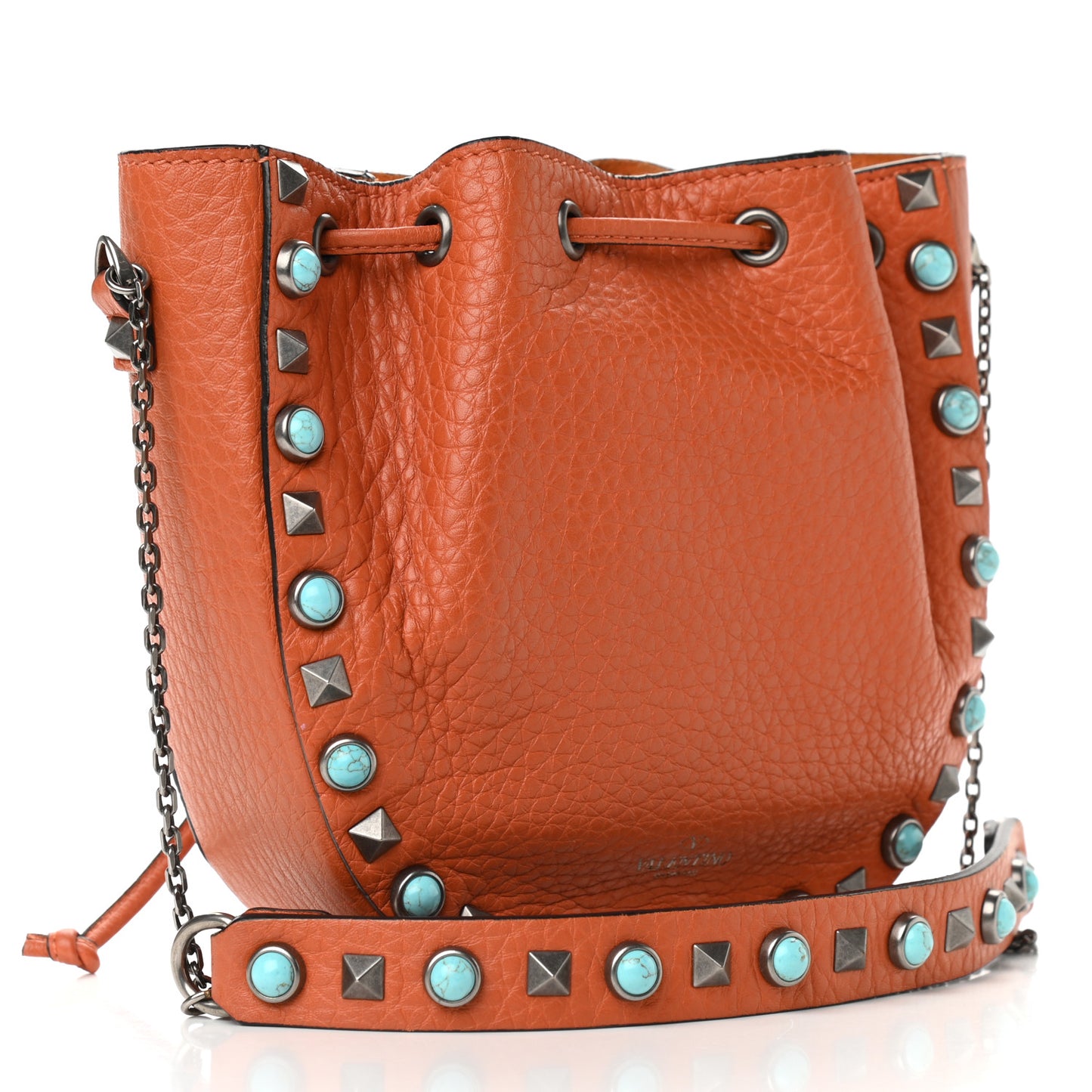 Grained Calfskin Turquoise Mini Rockstud Rolling Chain Strap Bucket Bag Orange