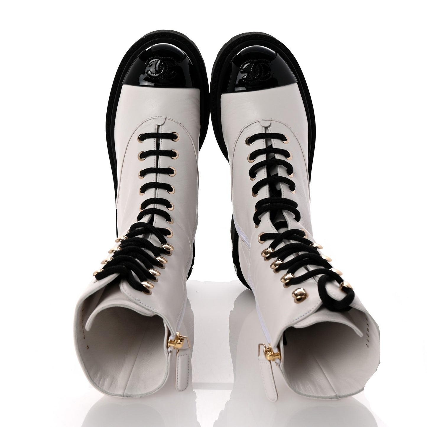Crumpled Calfskin Patent Cap Toe Lace Up Combat Boots 36 White Black
