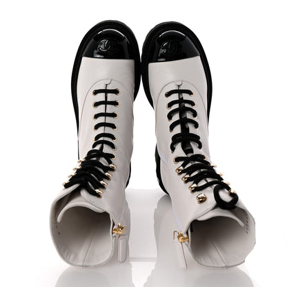 Chanel Crumpled Calfskin Patent Cap Toe Lace Up Combat Boots 36 White Black 2 of 9