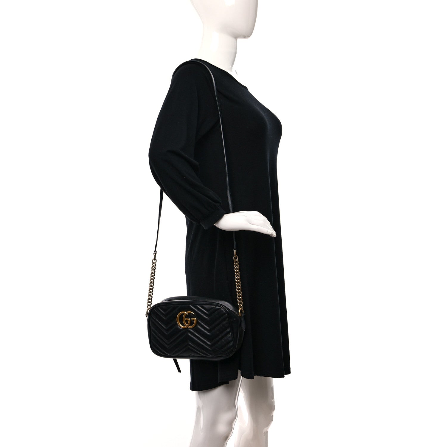 Gucci Calfskin Matelasse Small GG Marmont Chain Shoulder Bag Black 2 of 9