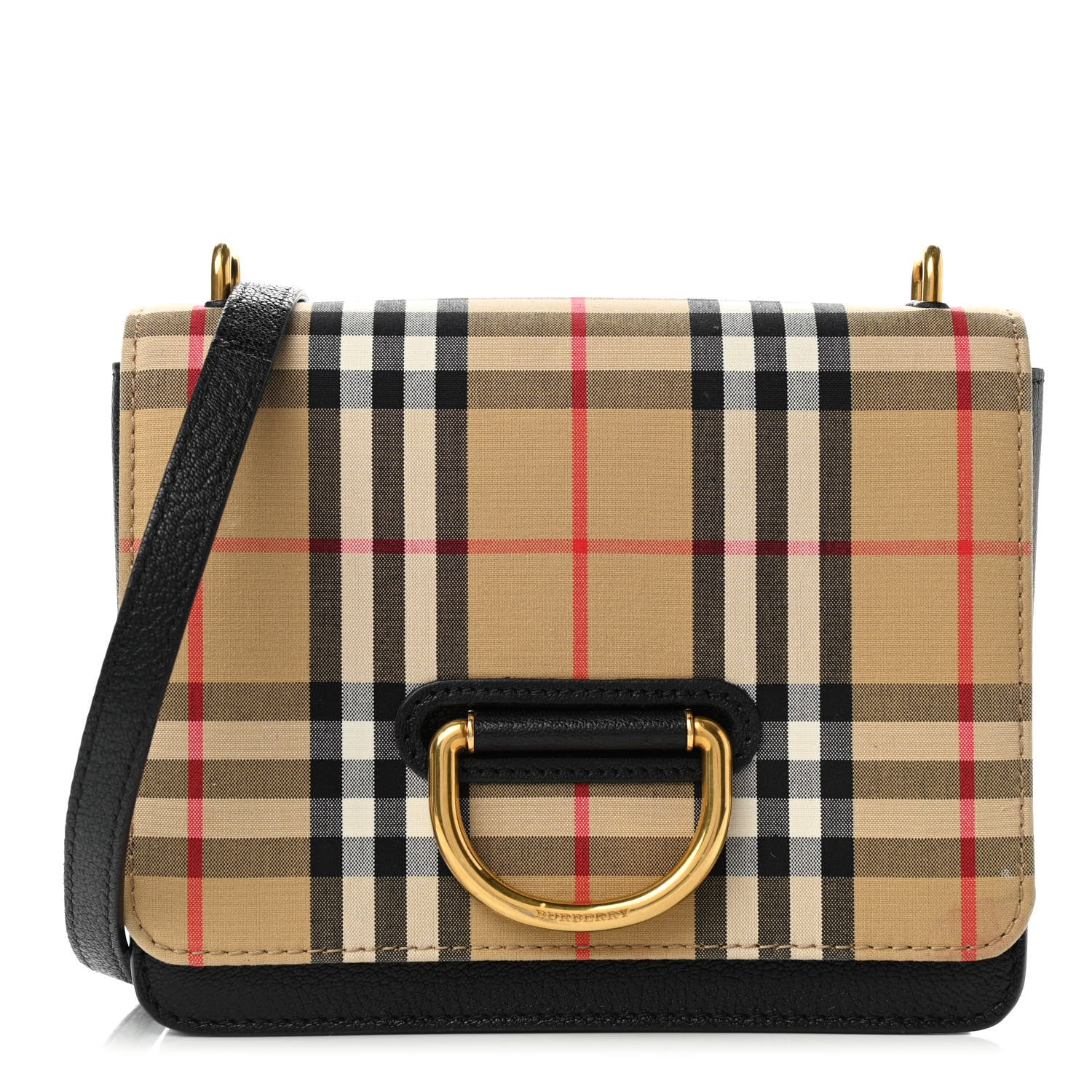 Burberry Goatskin Cotton Canvas Vintage Check Small D-Ring Bag Black Antique Yellow 1 of 17