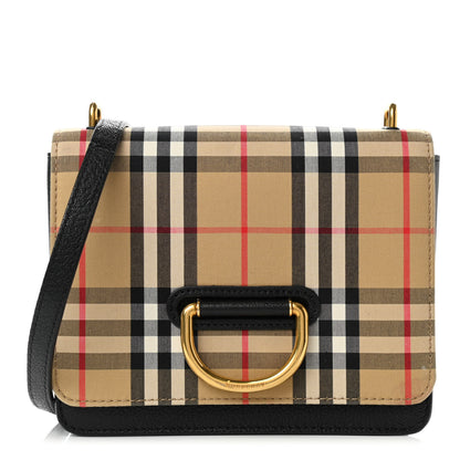 Burberry Goatskin Cotton Canvas Vintage Check Small D-Ring Bag Black Antique Yellow 1 of 17