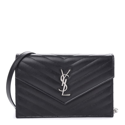 Saint Laurent Grain De Poudre Matelasse Chevron Monogram Envelope Chain Wallet Black 1 of 12