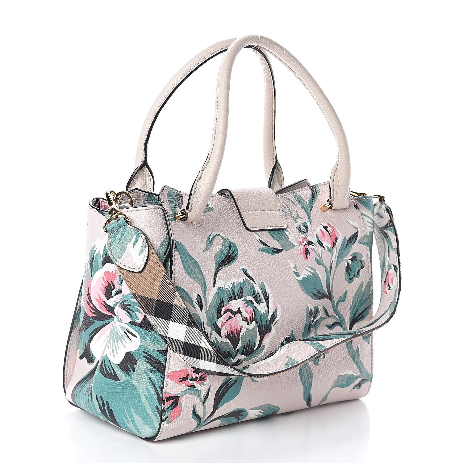 Burberry Soft Grain Calfskin Floral Print Medium Buckle Tote Natural Emerald Green 3 of 8