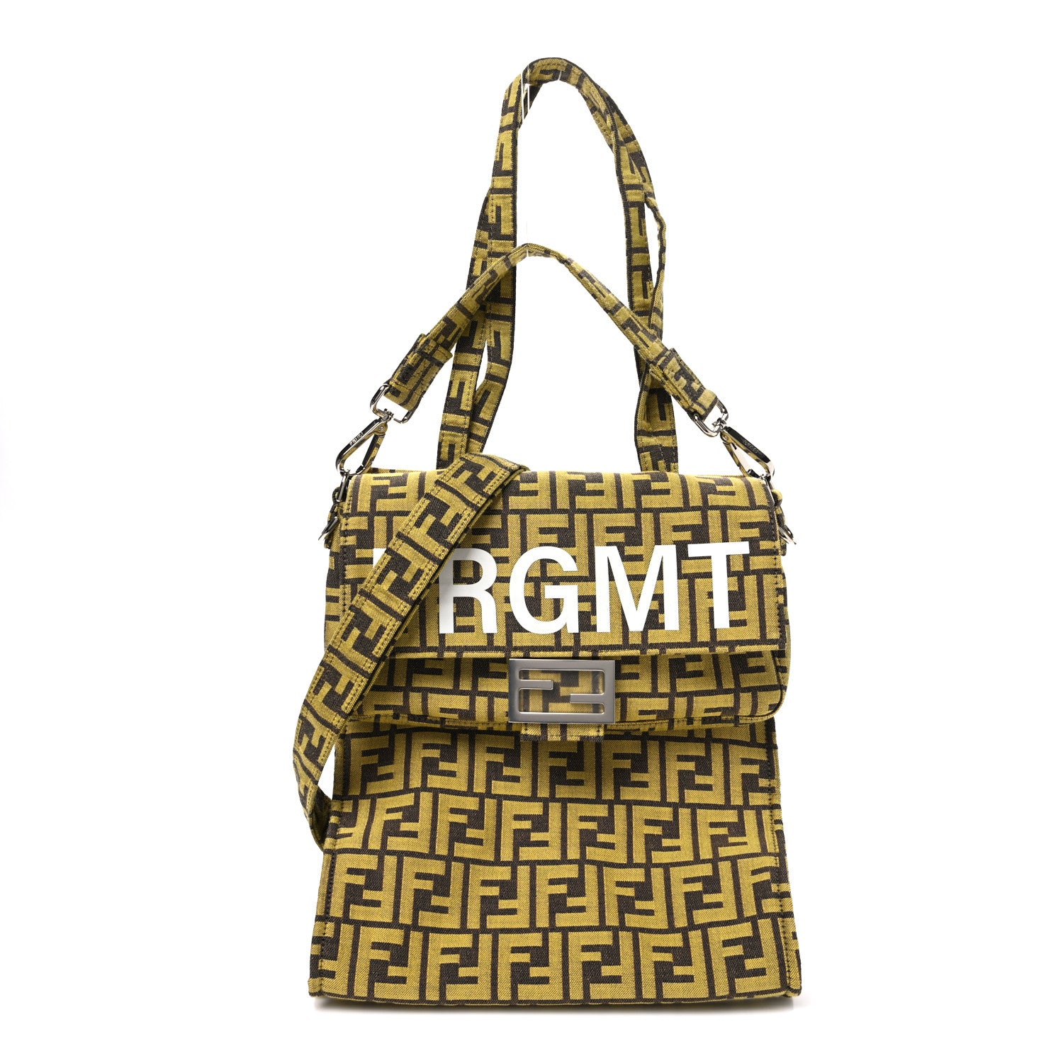 Fendi x FRGMT Woven Fabric Jacquard FF Embroidered Baguette Foldable Tote Tobacco Mimosa 3 of 12