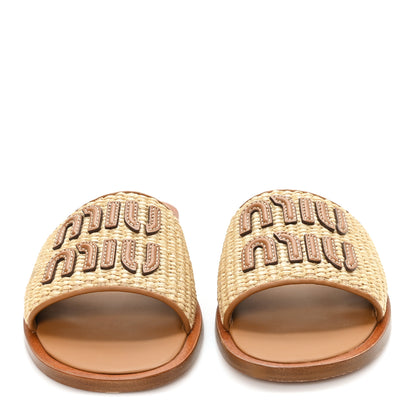 Miu Miu Stuoia Raffia Calfskin Logo Sandals 36 Naturale 3 of 9