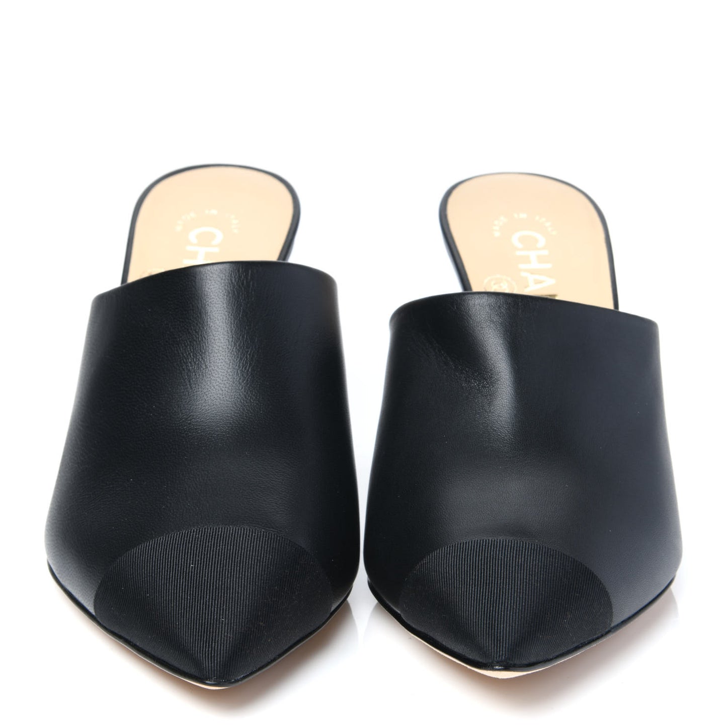 Lambskin Grosgrain Cap Toe CC Mules 37 Black