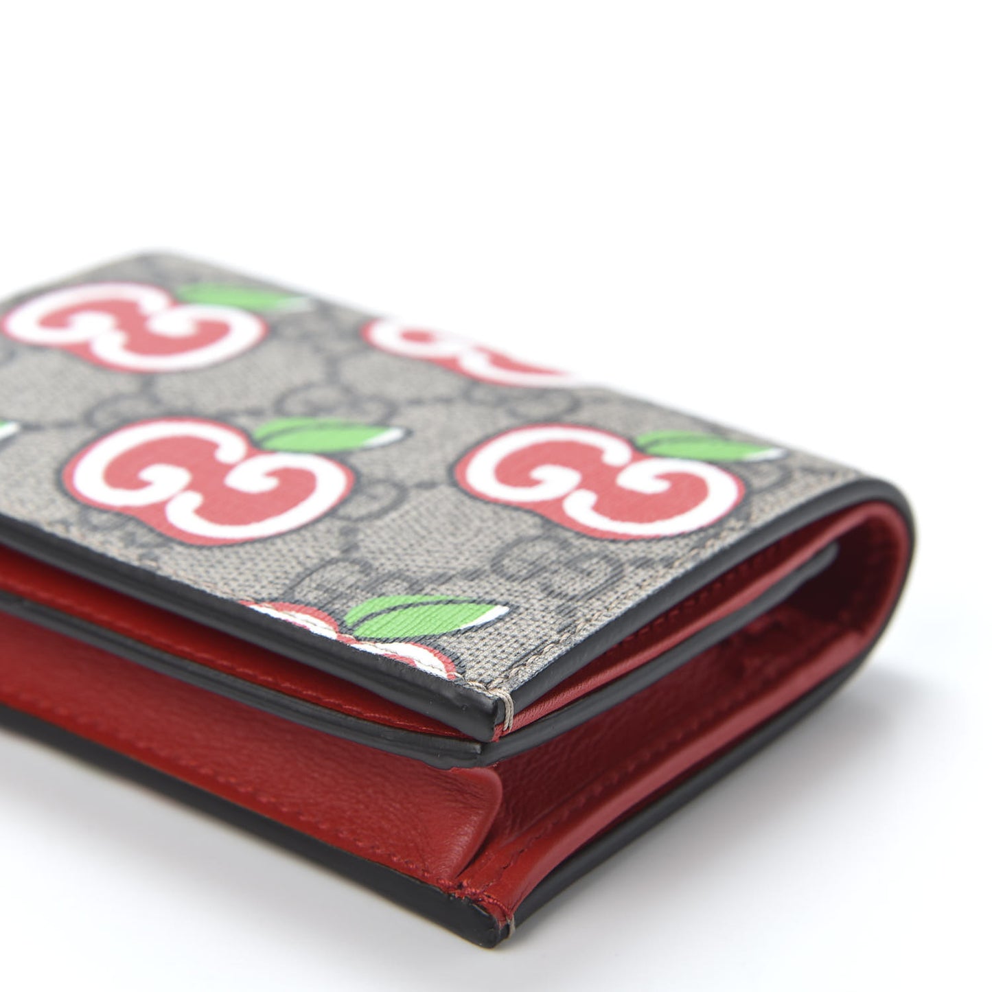 GG Supreme Monogram Apple Card Case Wallet Beige Multicolor Lobster Red