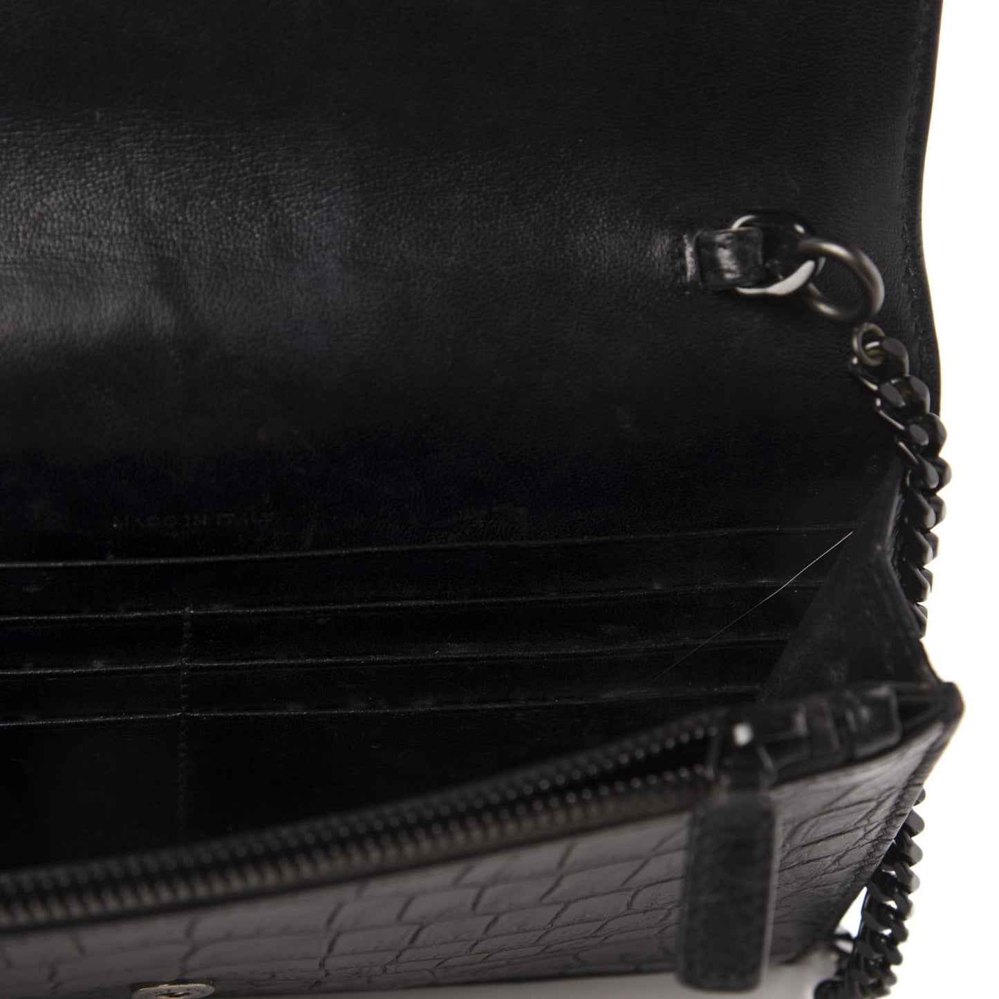 Calfskin Crocodile Embossed Monogram Envelope Chain Wallet Black