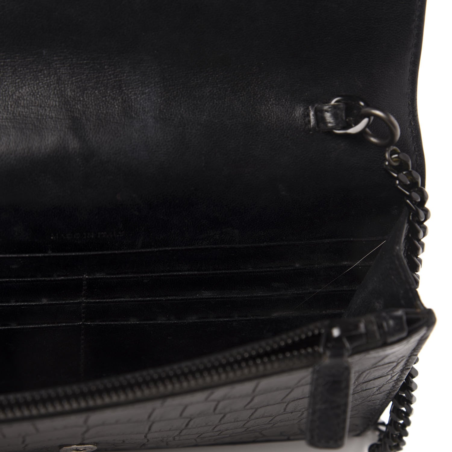 Saint Laurent Calfskin Crocodile Embossed Monogram Envelope Chain Wallet Black 8 of 12