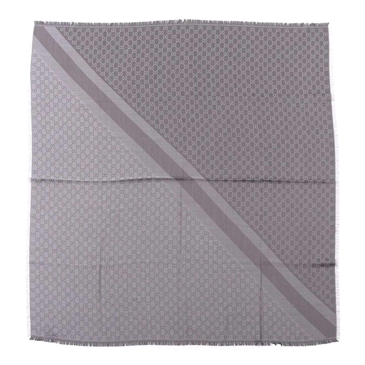Wool Silk Monogram GGWeb Fringe Shawl Pearl Medium Grey