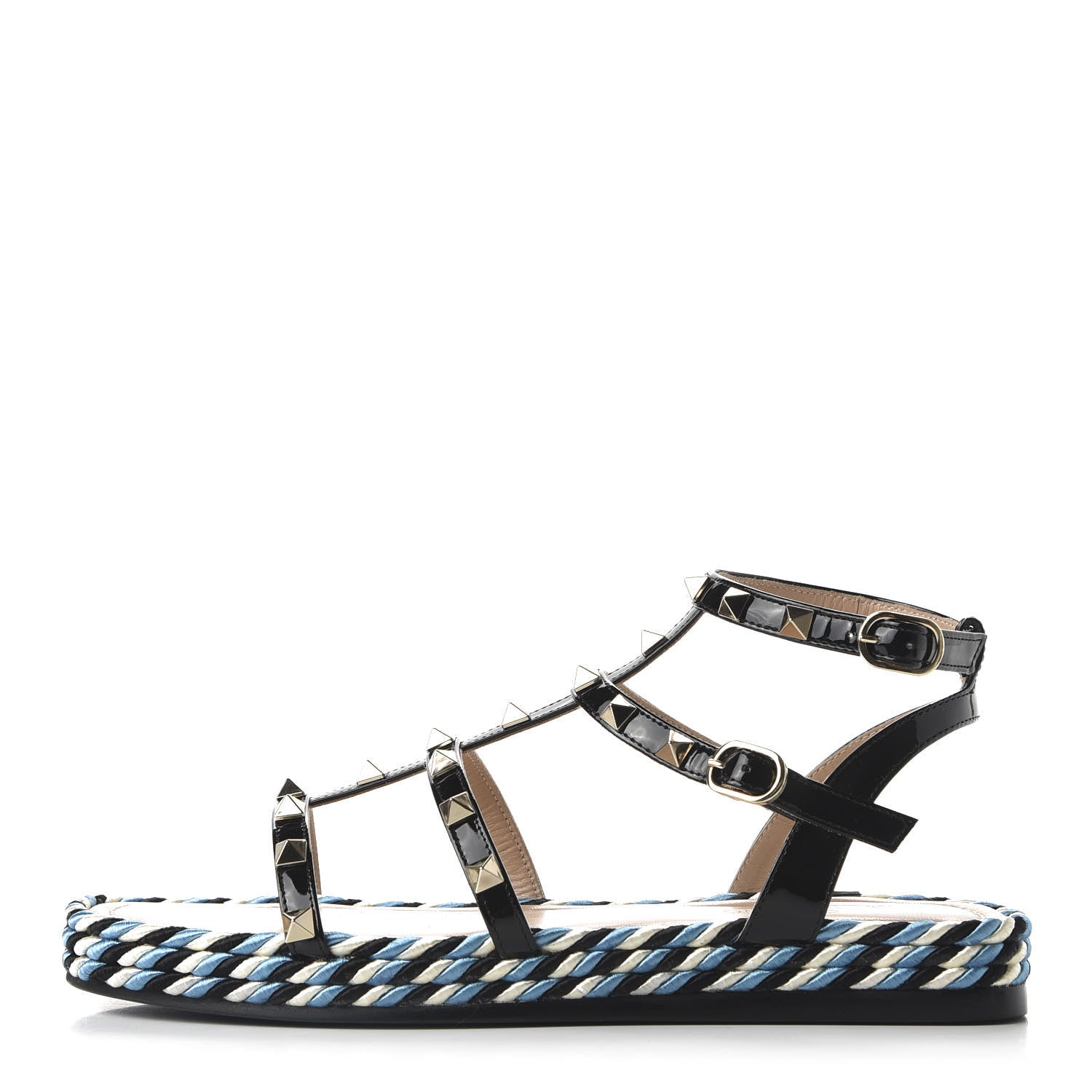 Valentino Garavani Patent Rockstud Torchon Espadrille Caged 30mm Flat Sandals 37 Black 1 of 10
