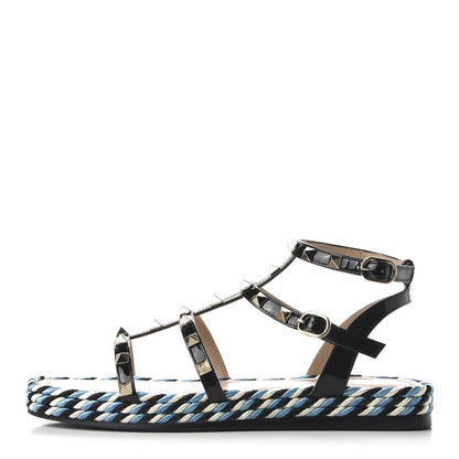 Valentino Garavani Patent Rockstud Torchon Espadrille Caged 30mm Flat Sandals 37 Black 1 of 10