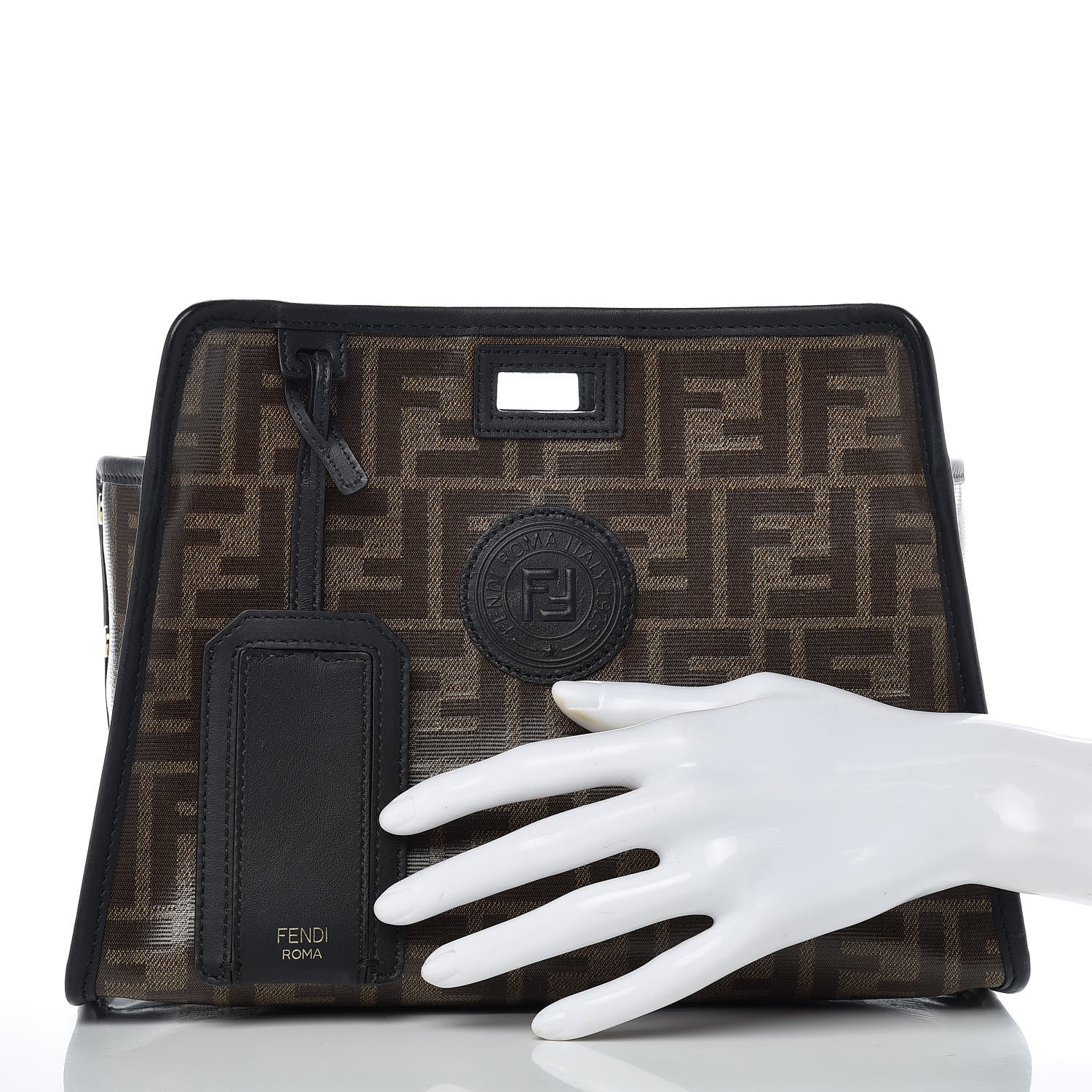 Fendi Glazed Fabric Vitello Century FF 1974 Stamp Patch Mini Peekaboo Defender Cover Mogano Panna Black 2 of 12