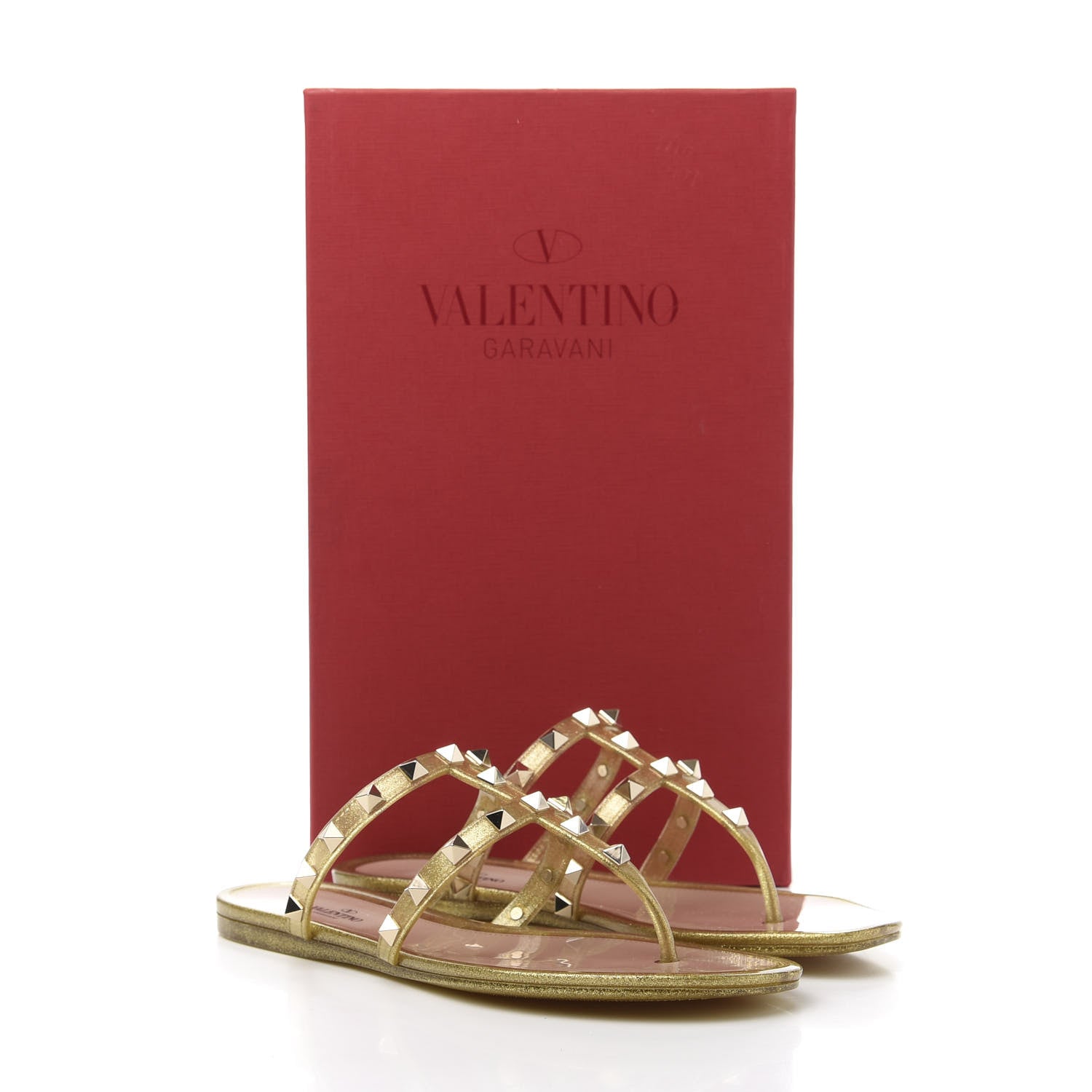 Valentino Garavani PVC Jelly Glitter Rockstud Caged Flat Thong Sandals 36 Oro 8 of 8