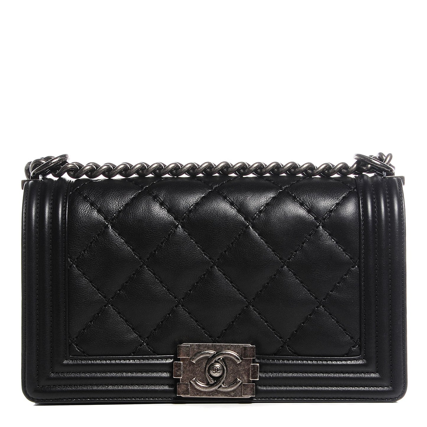 Calfskin Quilted Medium Double Stitch Boy Flap Black