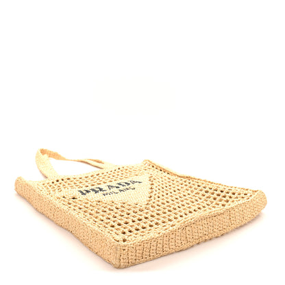 Prada Yarn Raffia Effect Crochet Logo Embroidered Tote Bag Naturale 4 of 9
