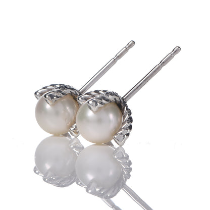 David Yurman Sterling Silver Diamond Pearl 7mm Earrings 3 of 4