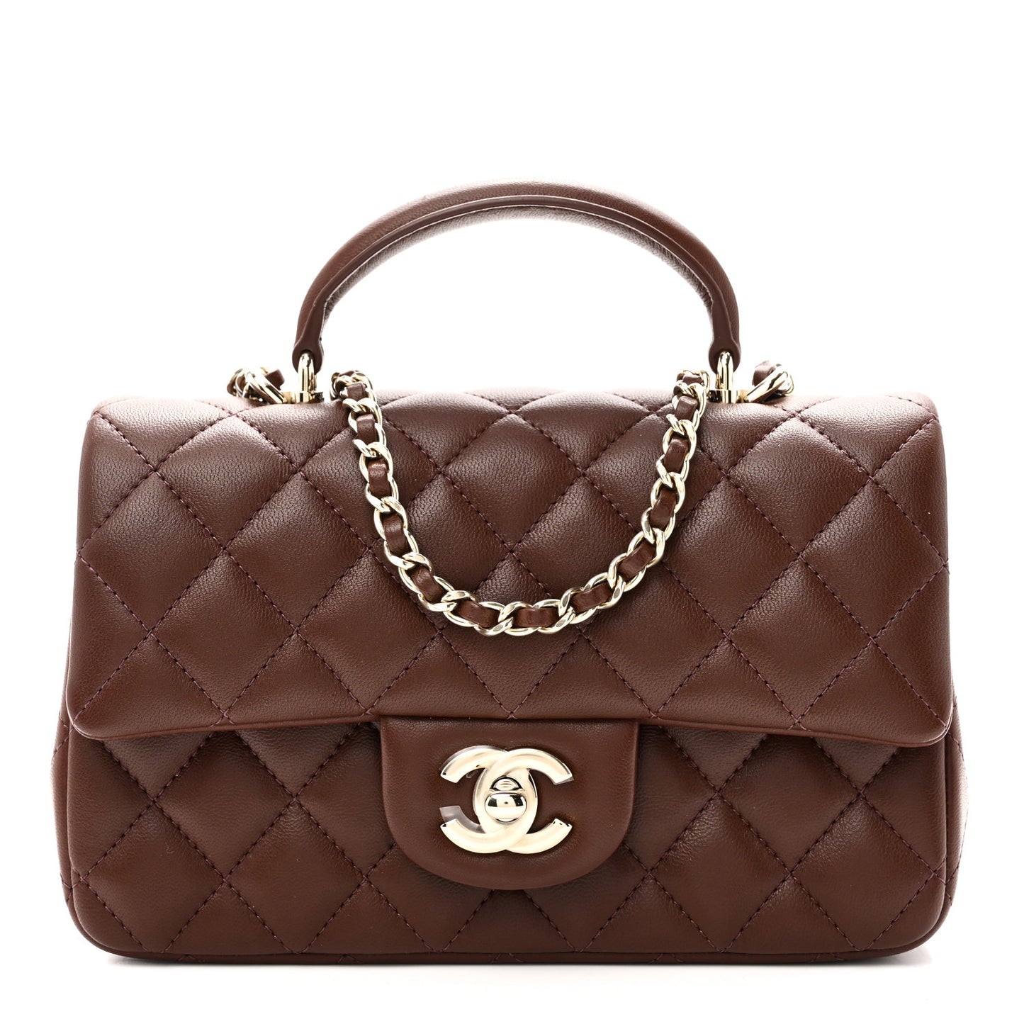 Lambskin Quilted Mini Top Handle Rectangular Flap Dark Brown