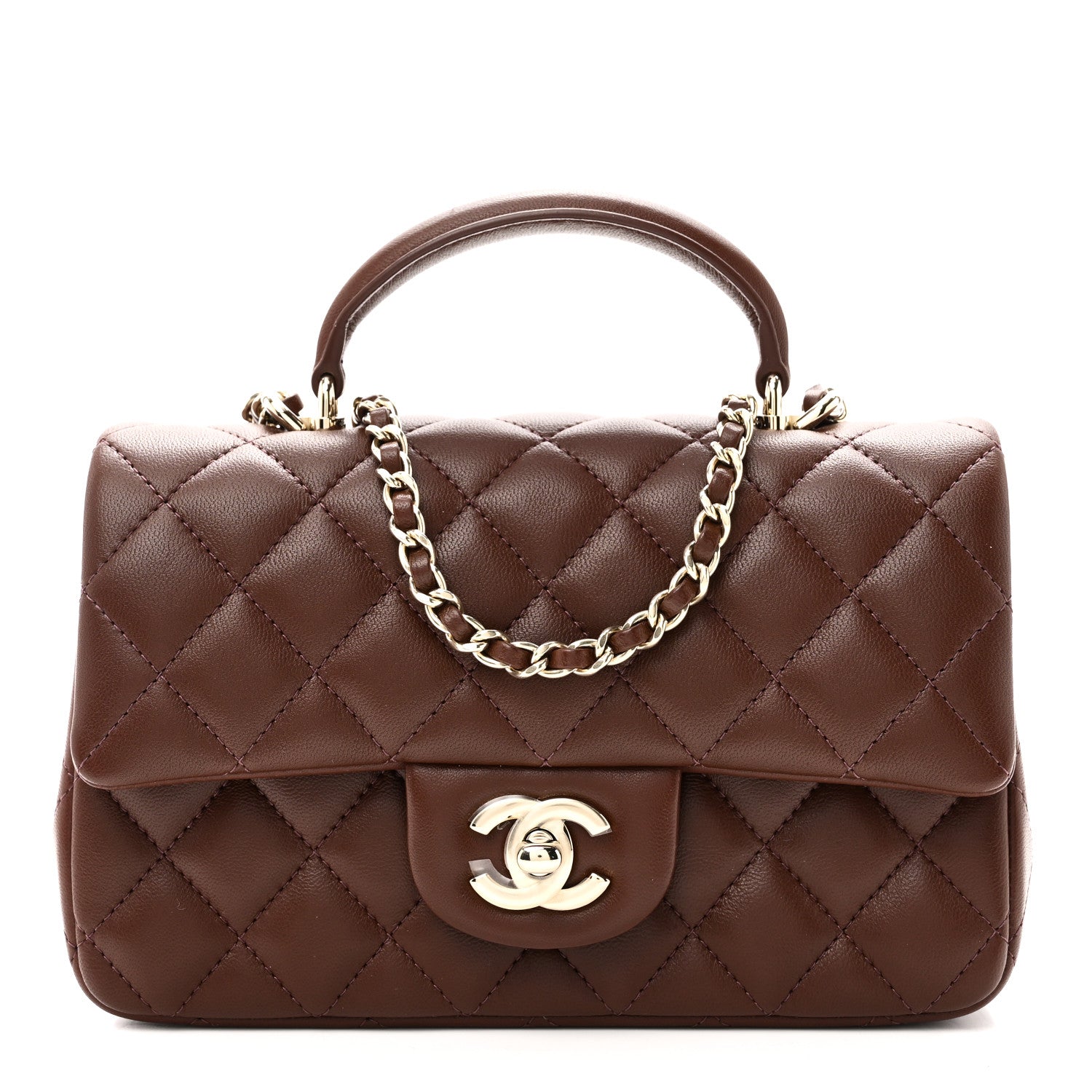 Chanel Lambskin Quilted Mini Top Handle Rectangular Flap Dark Brown 1 of 11