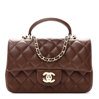 Chanel Lambskin Quilted Mini Top Handle Rectangular Flap Dark Brown 1 of 11