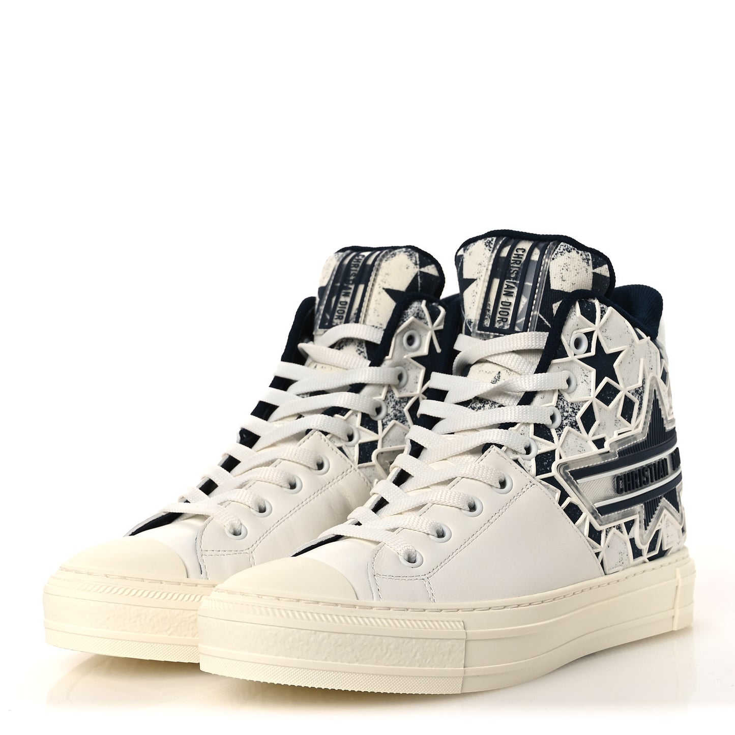 Canvas Calfskin Walk'N'Dior Star High Top Sneakers 38 White Deep Blue
