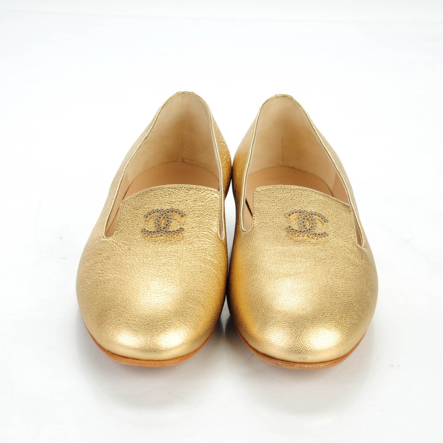 Chanel Metallic Calfskin CC Loafers 37.5 Gold 2 of 8