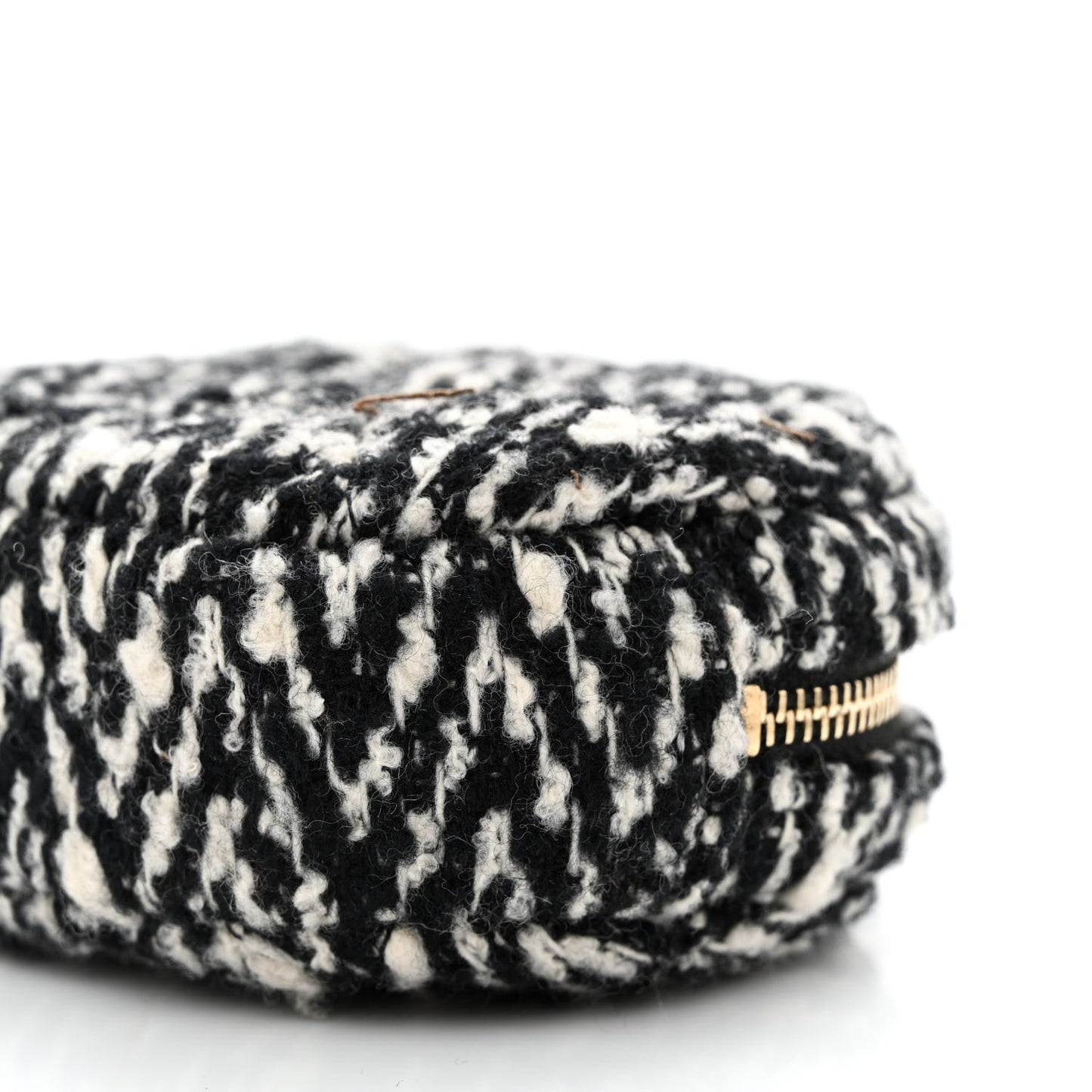 Tweed Shearling Round Clutch With Chain and Coin Purse Black and White