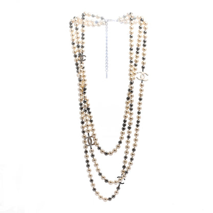 Chanel Pearl CC Long Necklace Silver Pearly White Grey 3 of 5