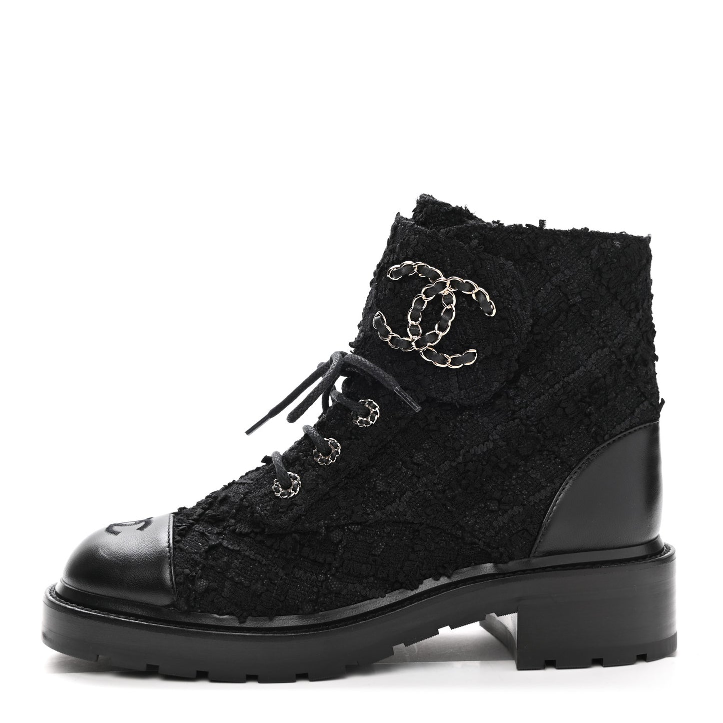Tweed Lambskin Quilted Lace Up Combat Boots 39.5 Black
