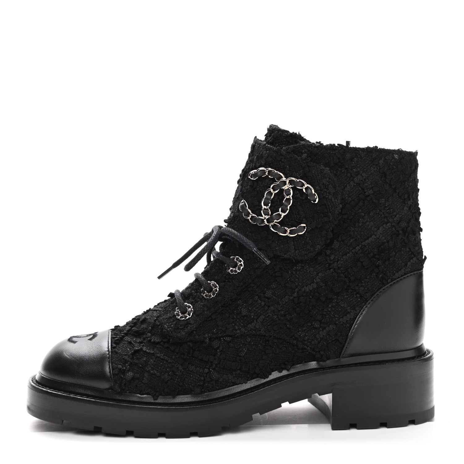 Chanel Tweed Lambskin Quilted Lace Up Combat Boots 39.5 Black 1 of 9