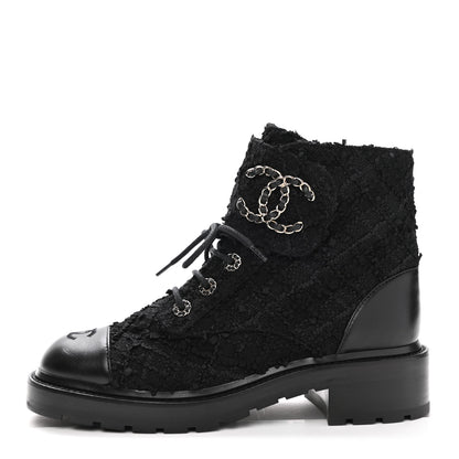 Chanel Tweed Lambskin Quilted Lace Up Combat Boots 39.5 Black 1 of 9