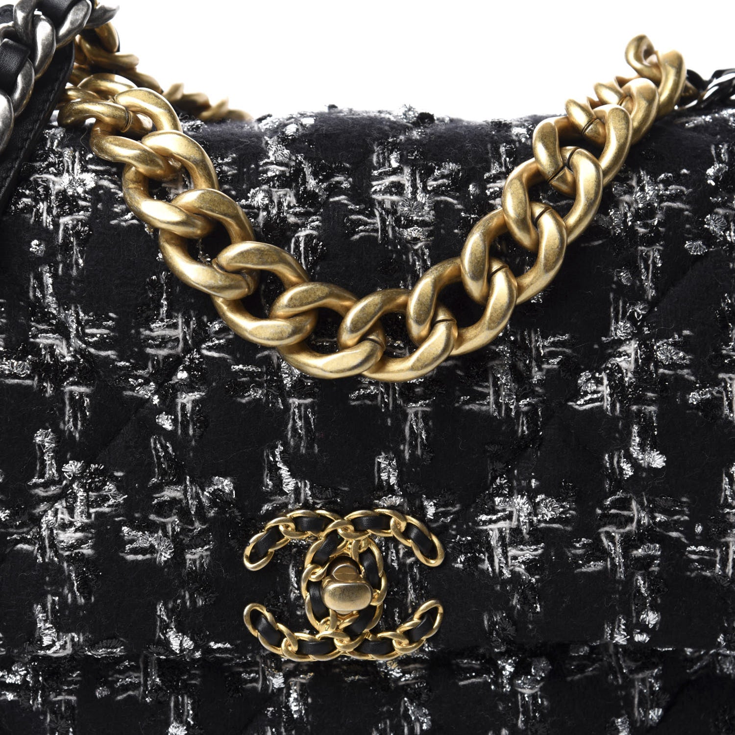 Chanel Tweed Quilted Large 19 Flap Black Ecru White 10 of 10