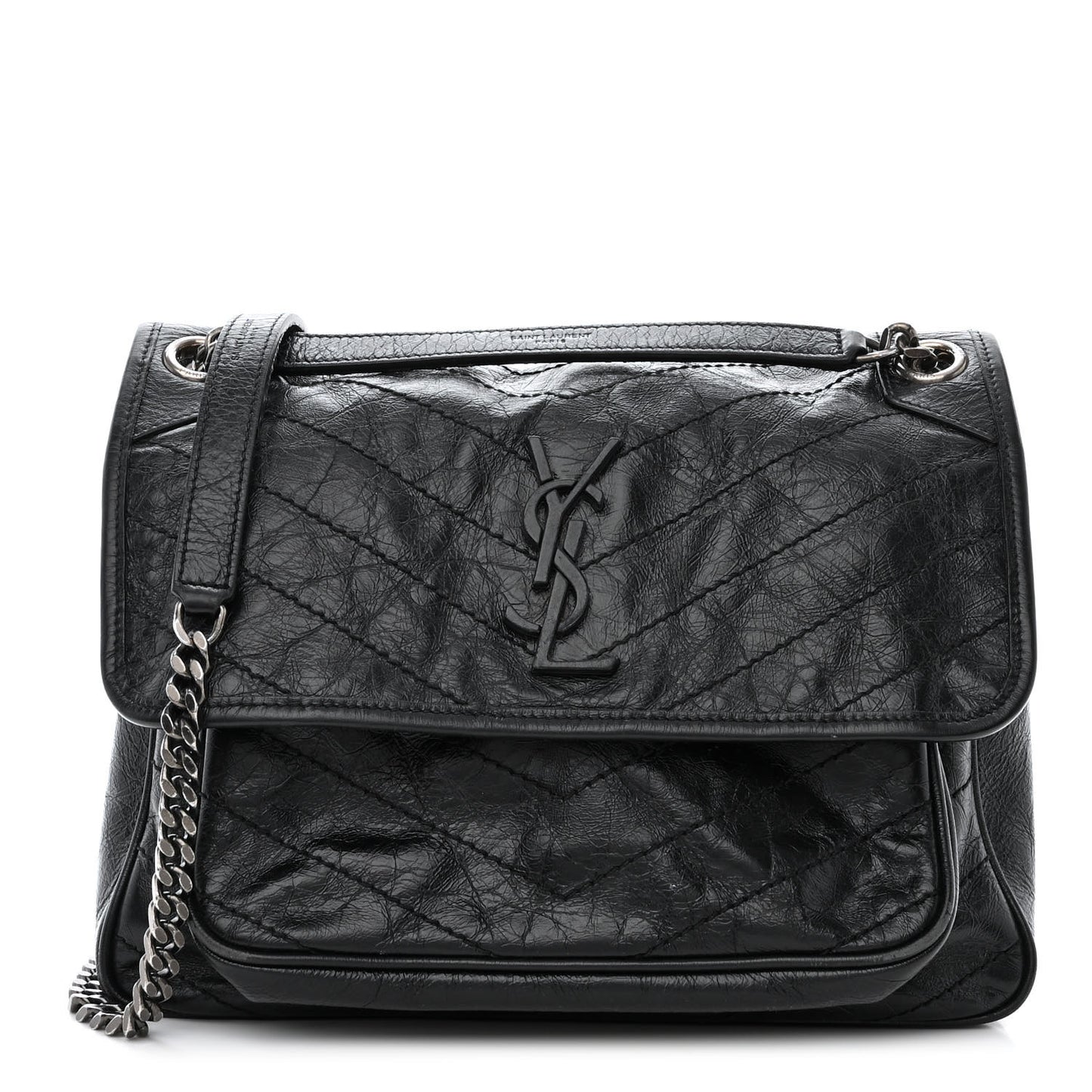 Crinkled Calfskin Matelasse Monogram Medium Niki Chain Satchel Black