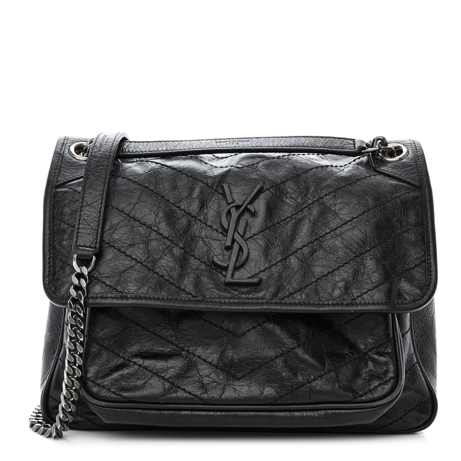 Saint Laurent Crinkled Calfskin Matelasse Monogram Medium Niki Chain Satchel Black 1 of 13