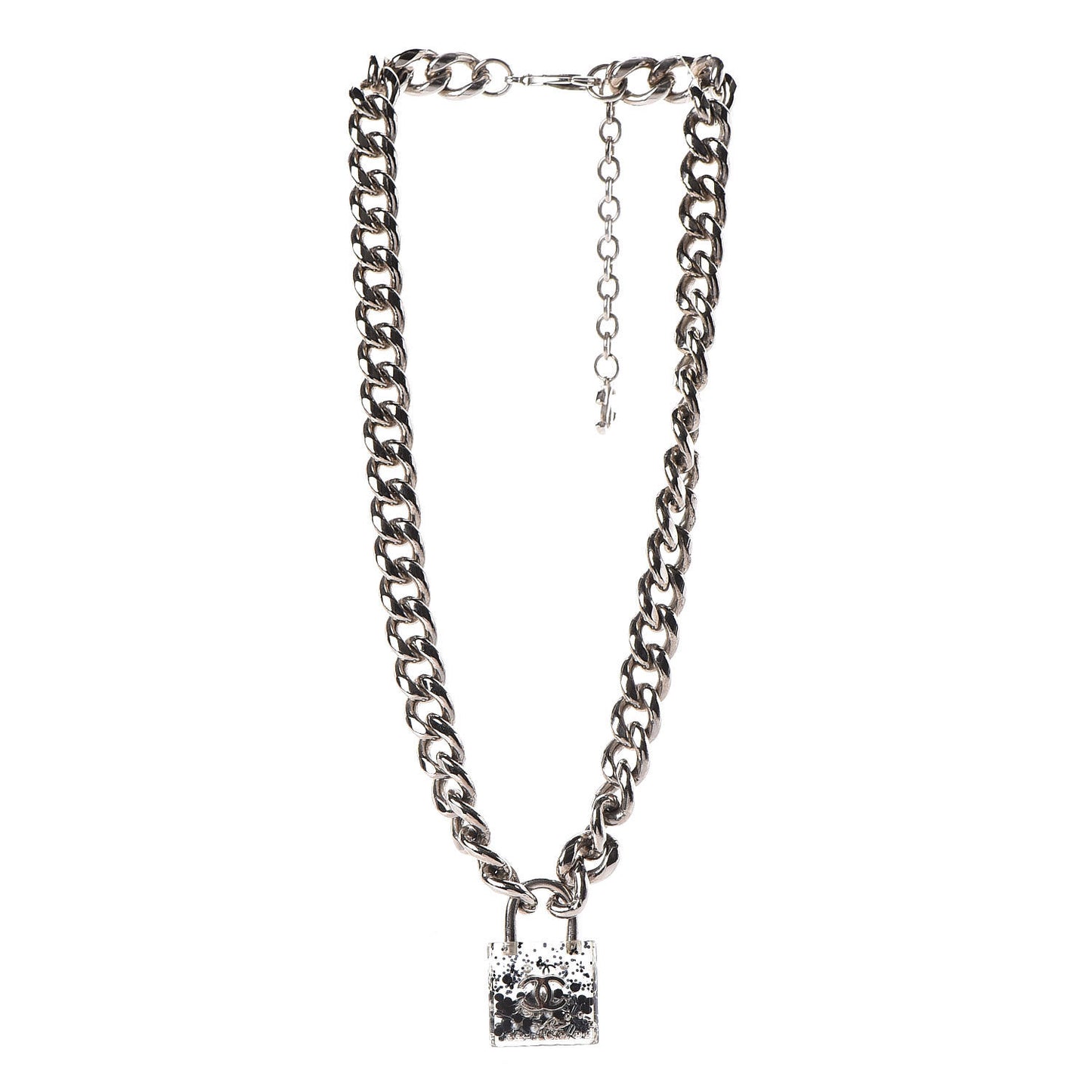 Resin CC Oversized Padlock Chain Necklace Silver Pearly White