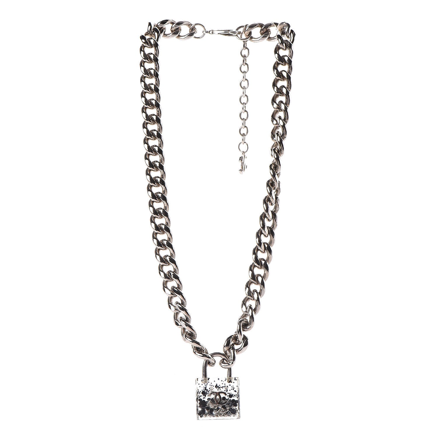 Chanel Resin CC Oversized Padlock Chain Necklace Silver Pearly White 3 of 7