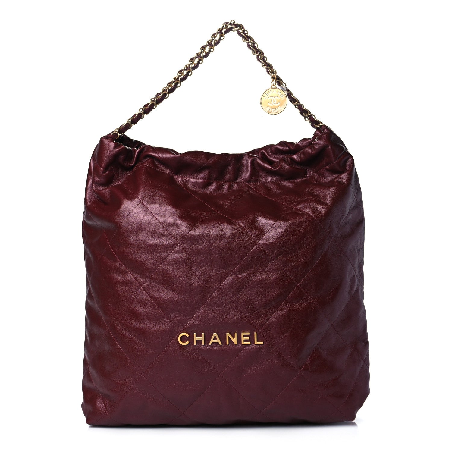 CHANEL Metallic Calfskin Quilted Large Chanel 22 in the color Burgundy by FASHIONPHILE