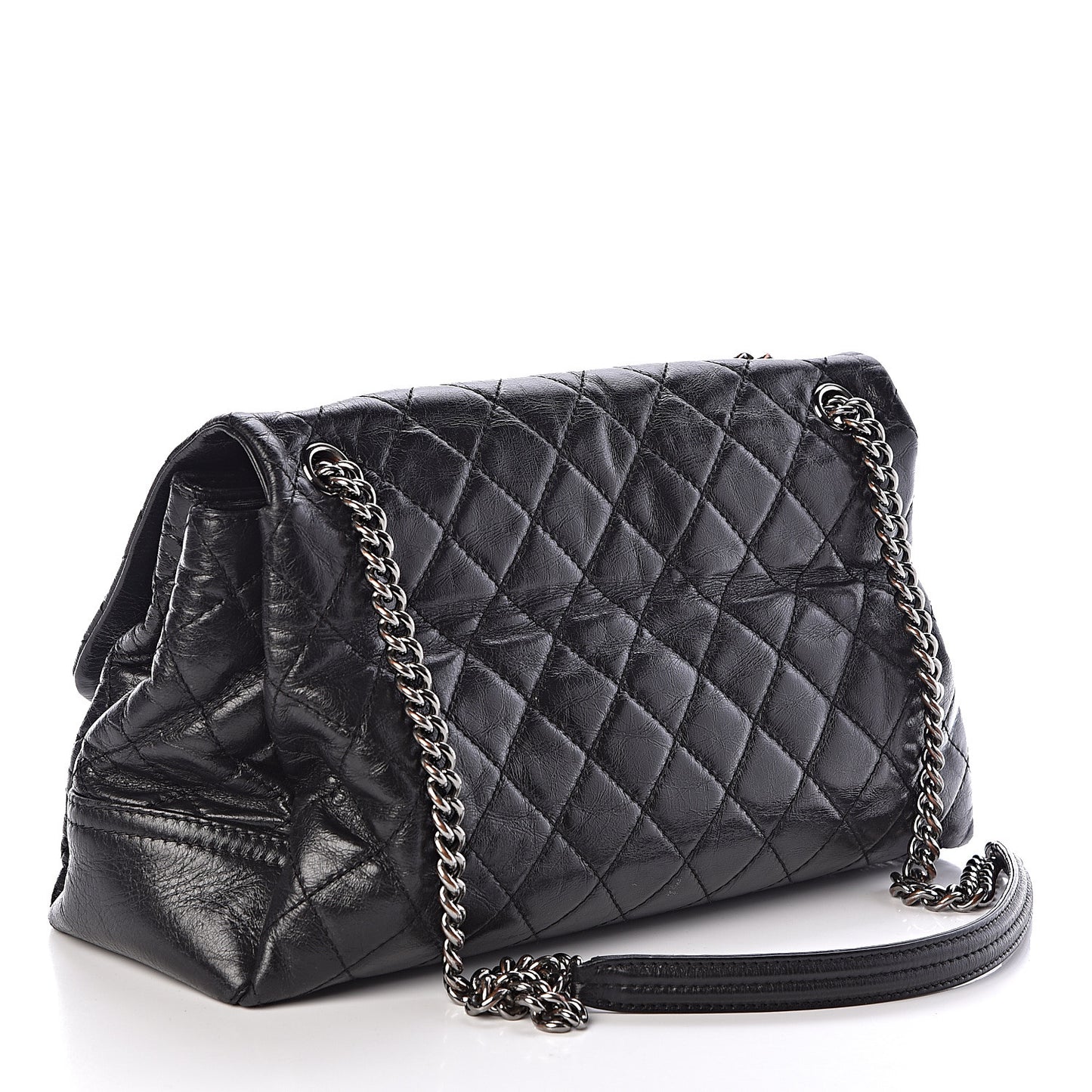 Glazed Calfskin Quilted Large Lady Pearly Flap Black