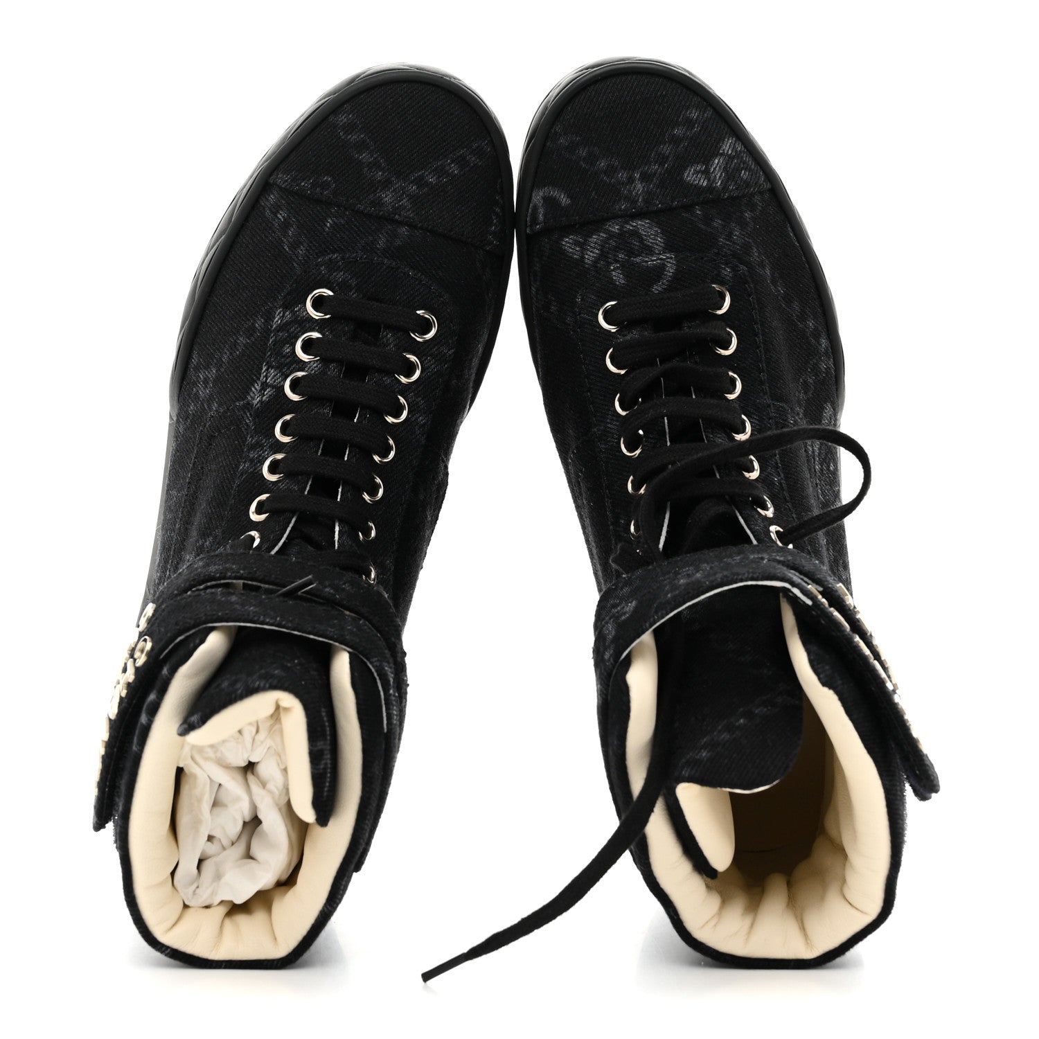 Chanel Printed Denim Logo High Top Sneakers 37.5 Black White 2 of 11