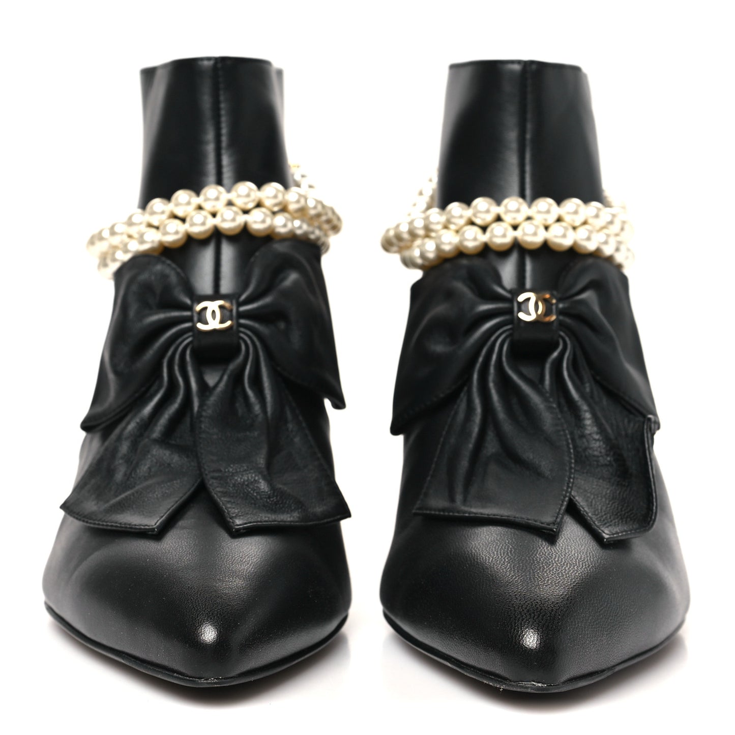 Lambskin Pearl Bow Short Boots 37.5 Black