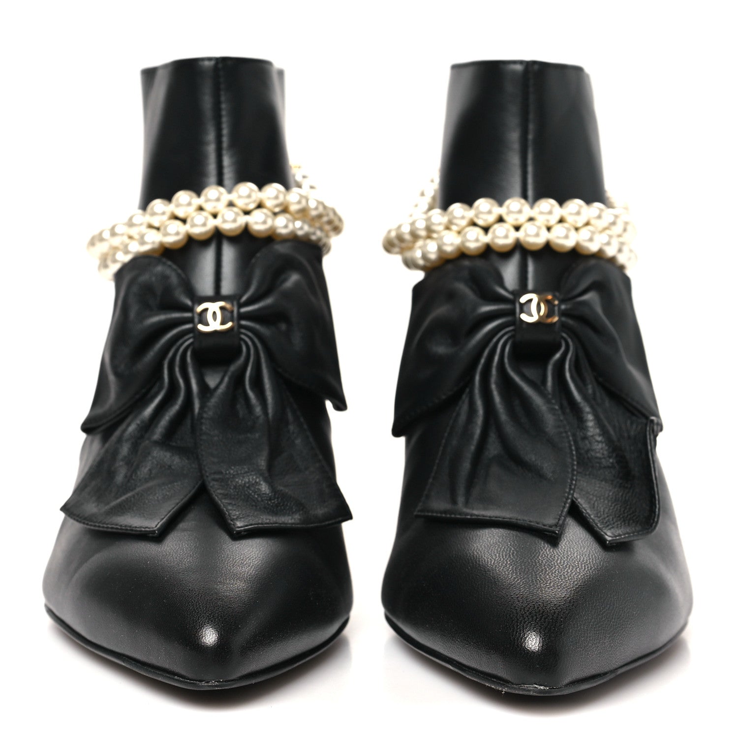 Chanel Lambskin Pearl Bow Short Boots 37.5 Black 3 of 10