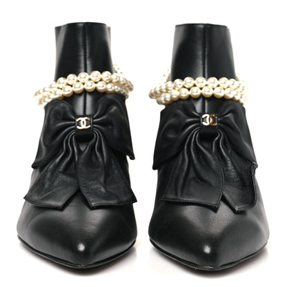 Chanel Lambskin Pearl Bow Short Boots 37.5 Black 3 of 10