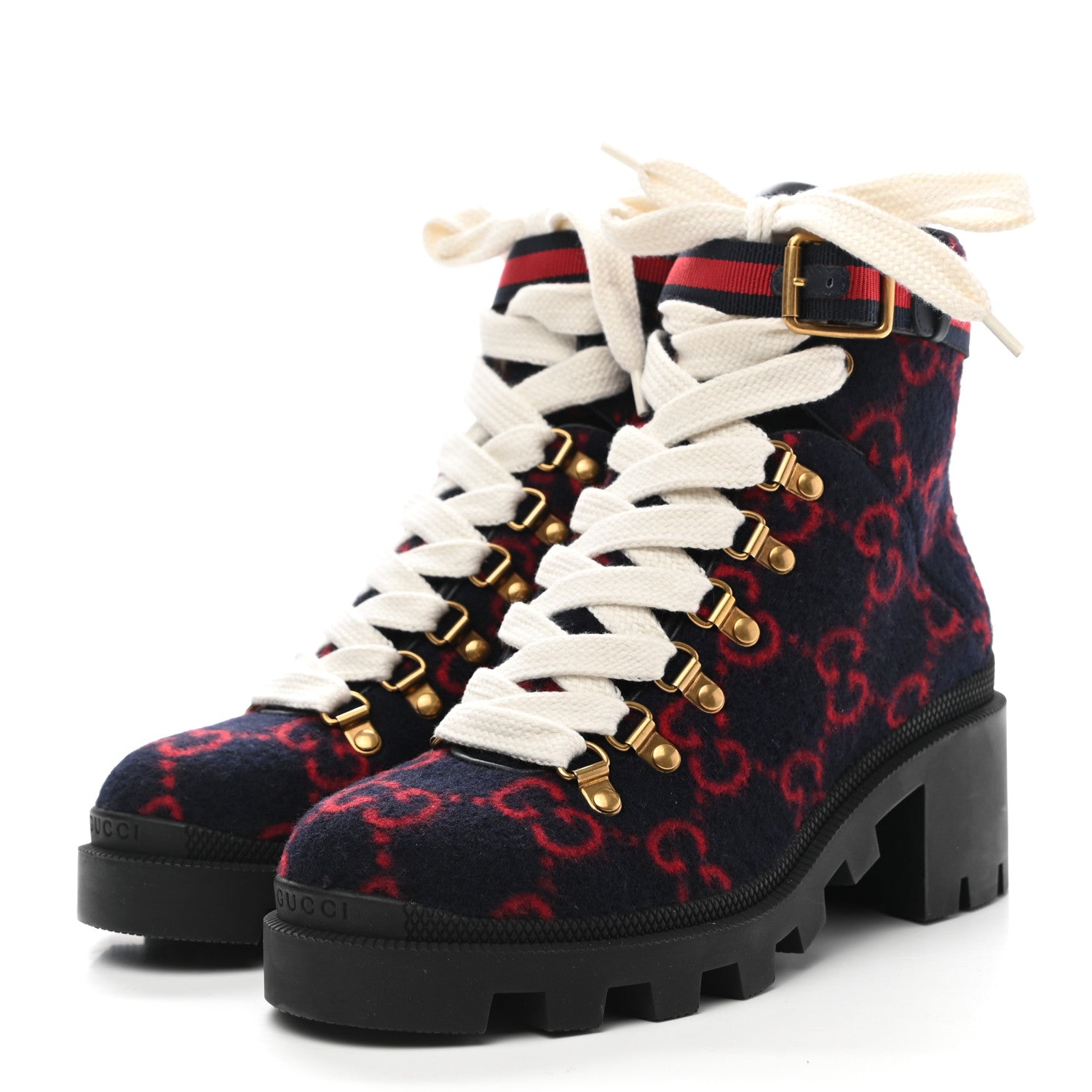 Gucci Covered Wool Big GG Monogram Womens Lace Up Combat Ankle Boots 36 Blue Red 3 of 9