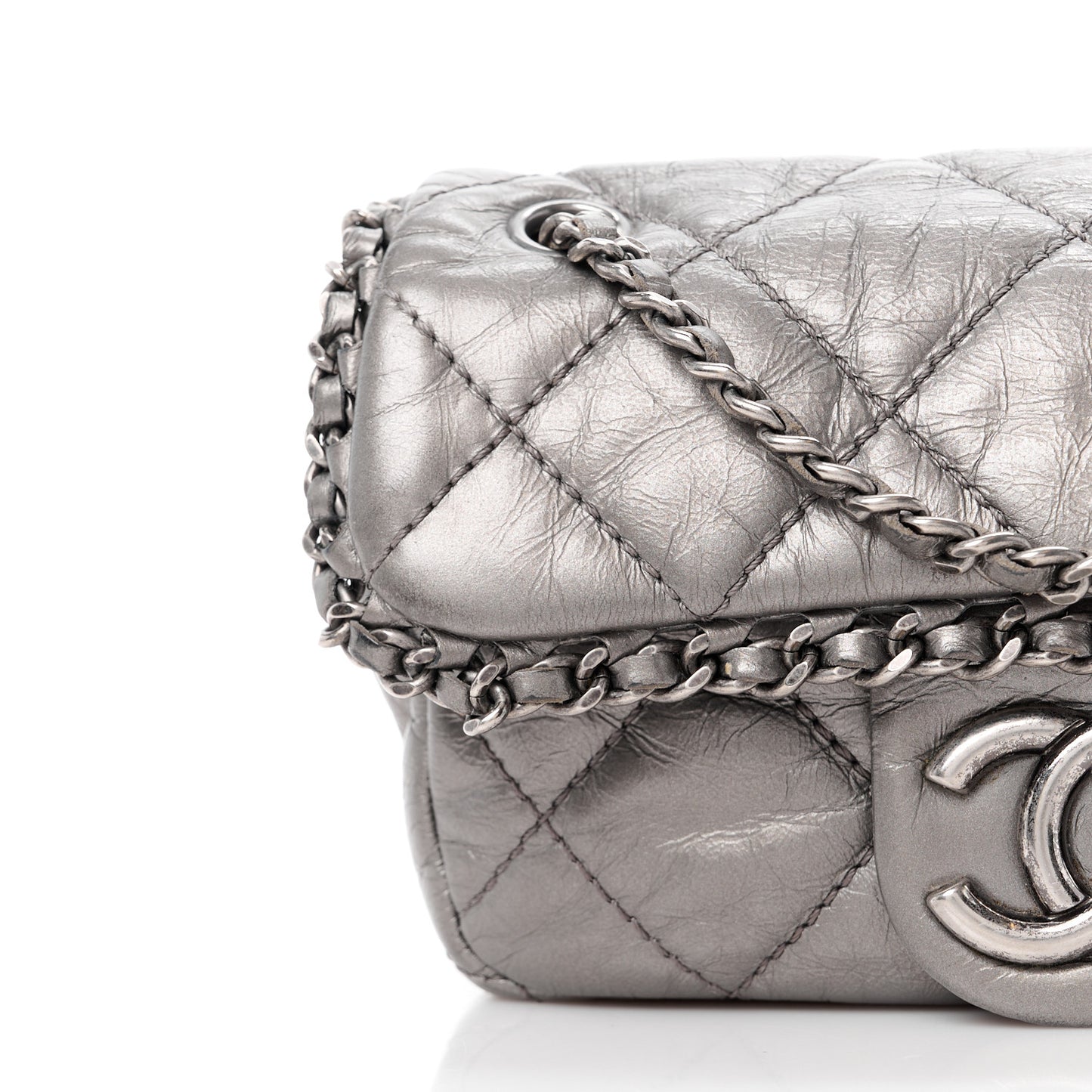 Metallic Calfskin Mini Chain Me Flap Silver