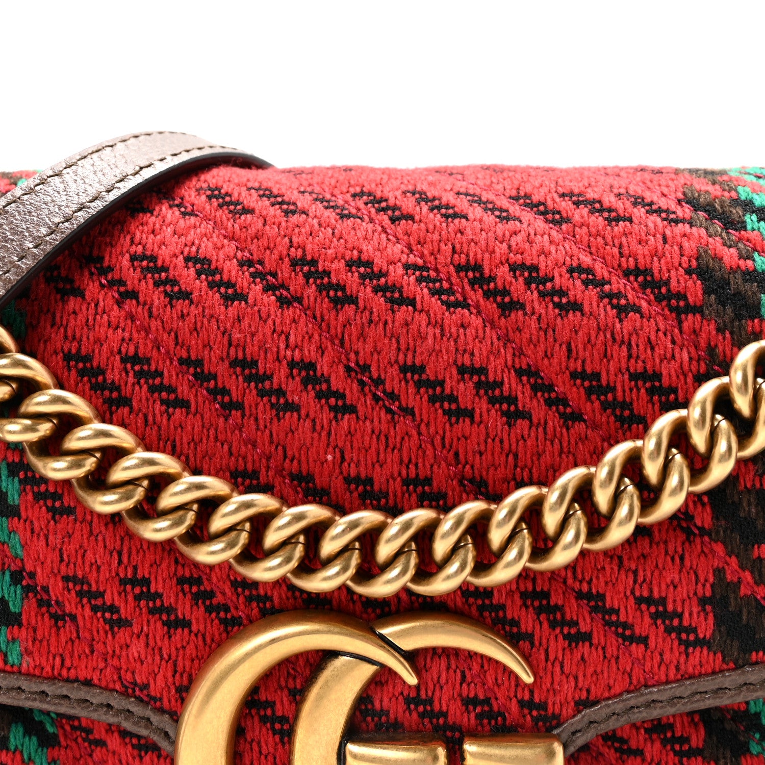 Gucci Wool Tweed Textured Dollar Calfskin Matelasse Diagonal Plaid Small GG Marmont Shoulder Bag Red Green Multicolor New Acero 8 of 11