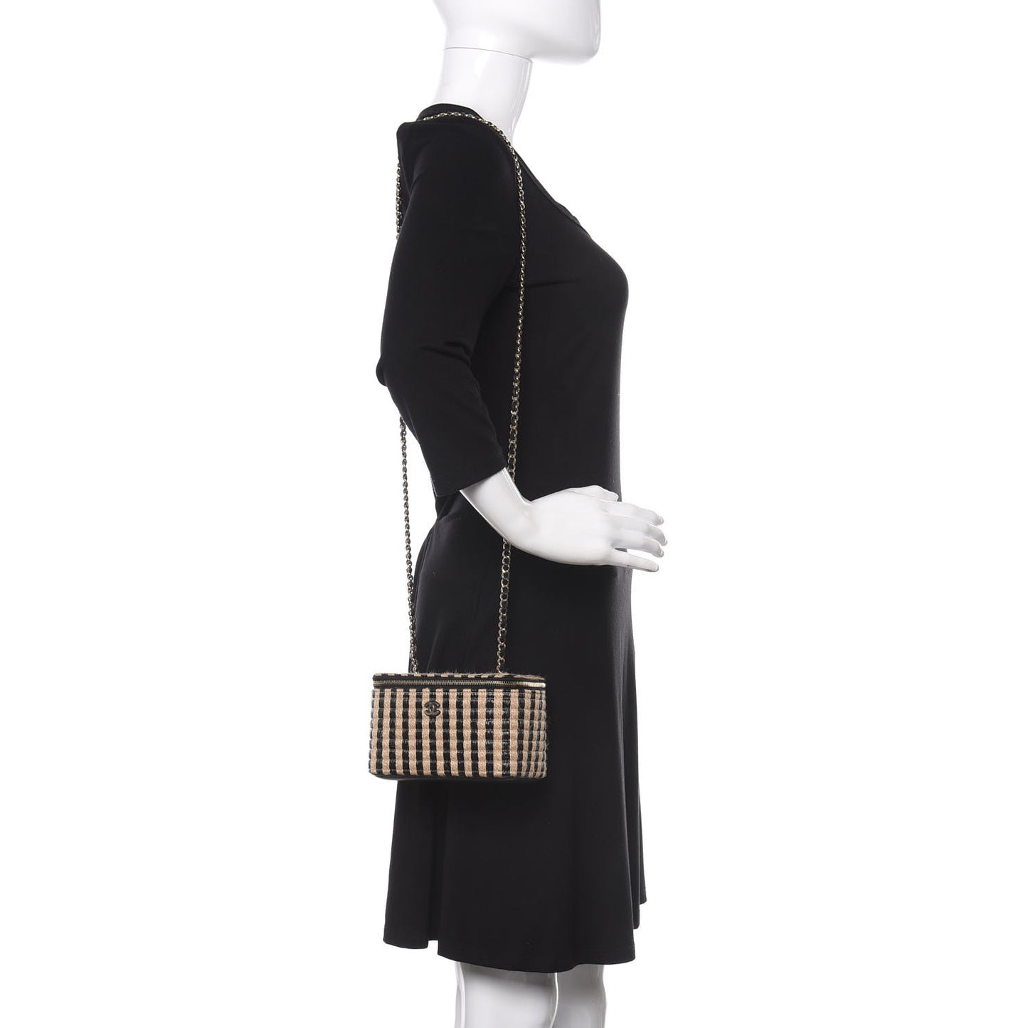 Raffia Jute Striped Small Vanity Case With Chain Black Beige