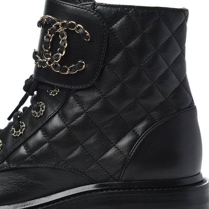 Chanel Shiny Lambskin Quilted Lace Up Combat Boots 36.5 Black 14 of 17