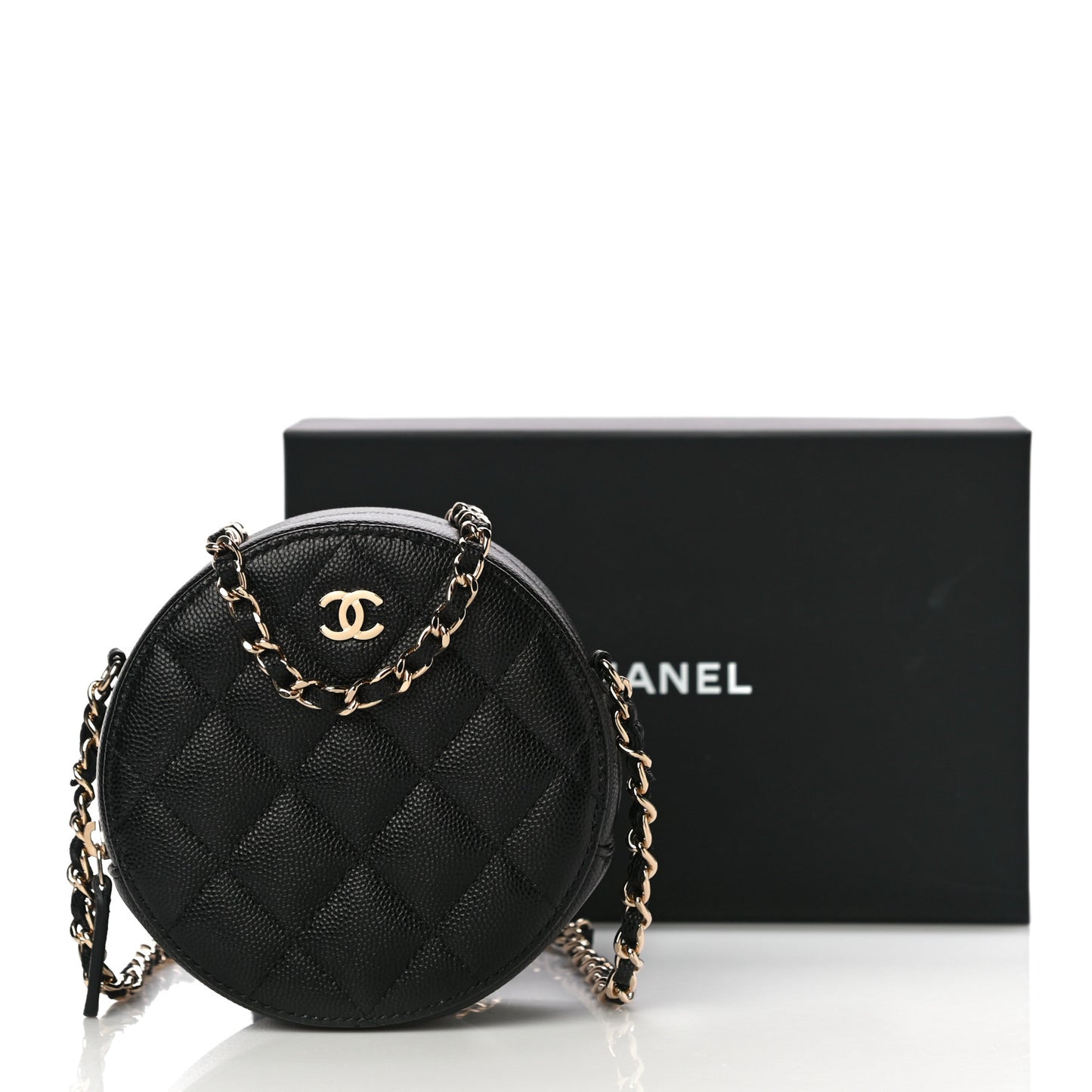 Caviar Quilted Round Clutch With Chain Black