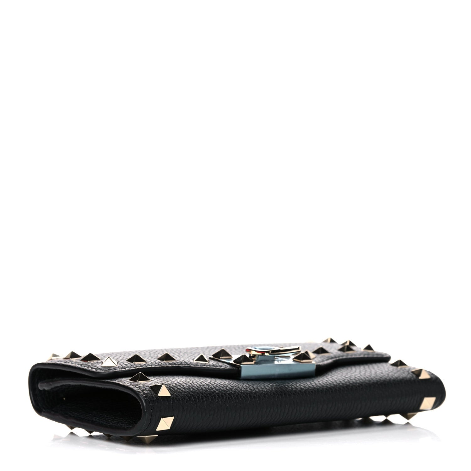 Valentino Garavani Pebbled Calfskin Rockstud Flip Lock Wallet On Chain Black 4 of 15